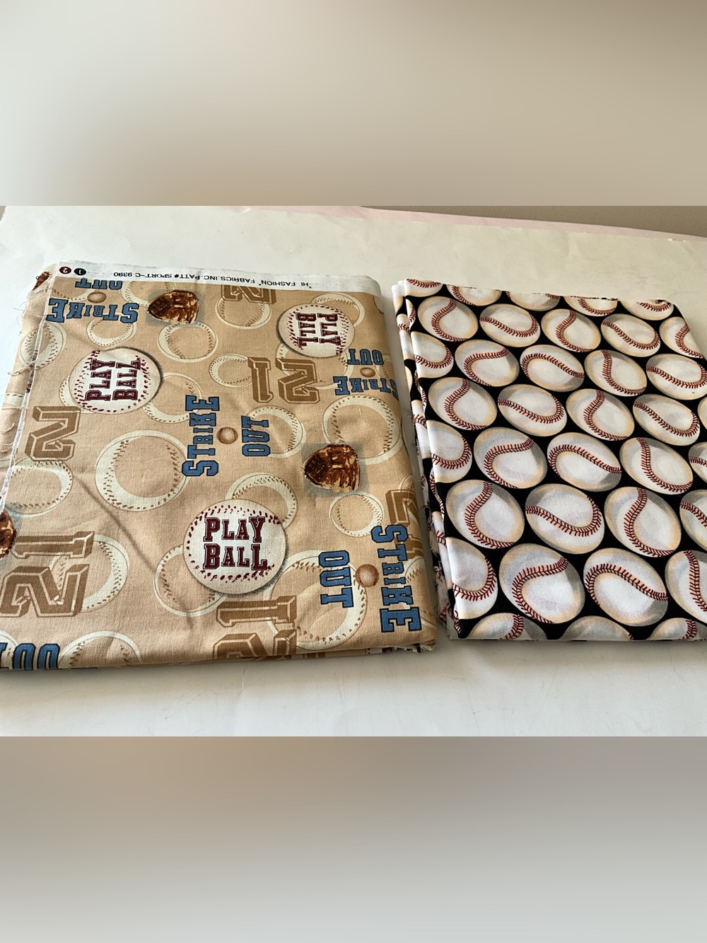 Quilting Sewing Crafts Fabric Lot Baseball Theme Black White Tan Red Blue Cotton